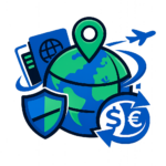 Icon illustration of a globe with passport, location pin, security shield, currency exchange, and airplane, representing international migration and money transfer